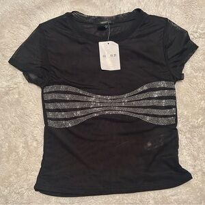 Forever 21 Mesh Black Short Sleeve Tee with Silver Rhinestone Chest Detail